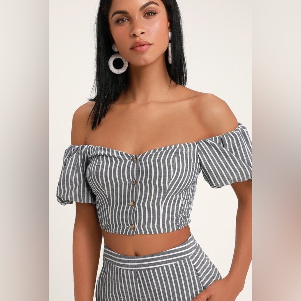 Lulus Belleport Blue White Stripe Crop Top Cold Shoulder Structured Pinstripe